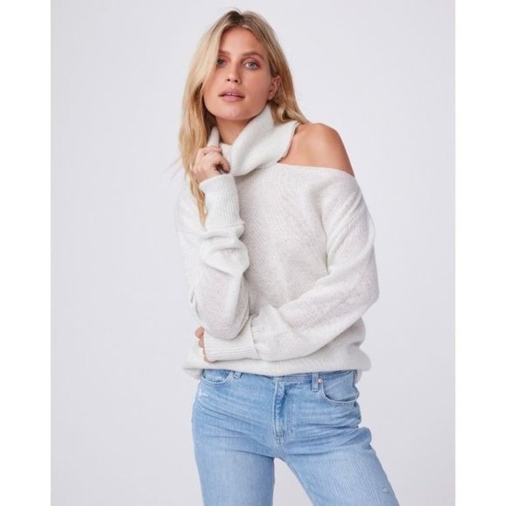 Paige Raundi Cold Shoulder CutOut Metallic Lurex Knit Relaxed Turtleneck Sweater